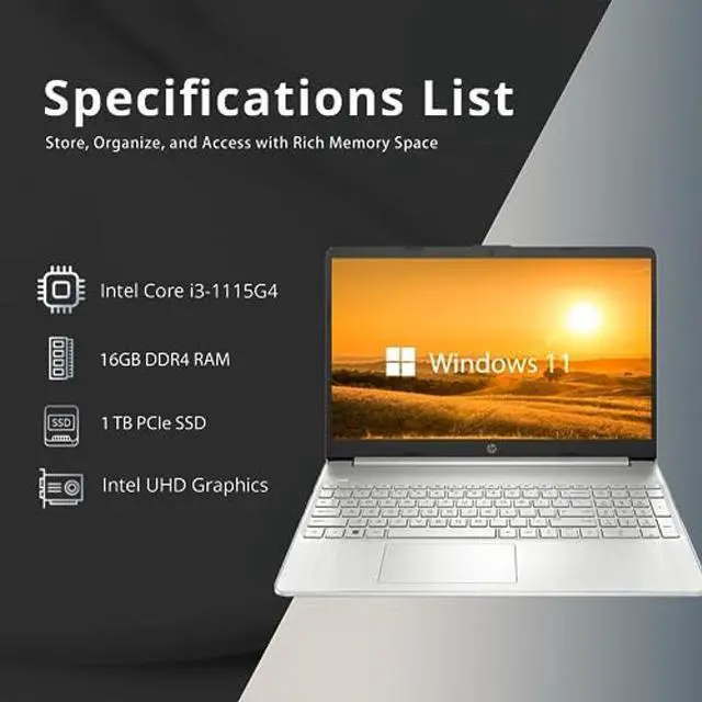 Alt view image 2 of 5 - HP 15.6" HD Touchscreen Student Laptop, Intel Core i3-1115G4, 16GB RAM, 1TB PCIe SSD, Intel UHD Graphics, HD Webcam, Wi-Fi 5, Bluetooth, Silver, Win 11, 32GB Snow Bell USB Card