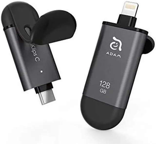 Main image of ADAM elements iKlips C MFi Certified Lightning + USB C Flash Drive for iPhone, iPad Pro, Mac, PC, Android - Touch ID/Face ID Secured (Black, 128GB)