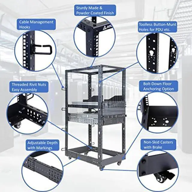 Alt view image 4 of 5 - AEONS 27U 4-Post IT Open Frame Server Rack 19 Inch Depth-Adjustable (22" to 40") Network Equipment AV Gear w/Casters and Cable Management