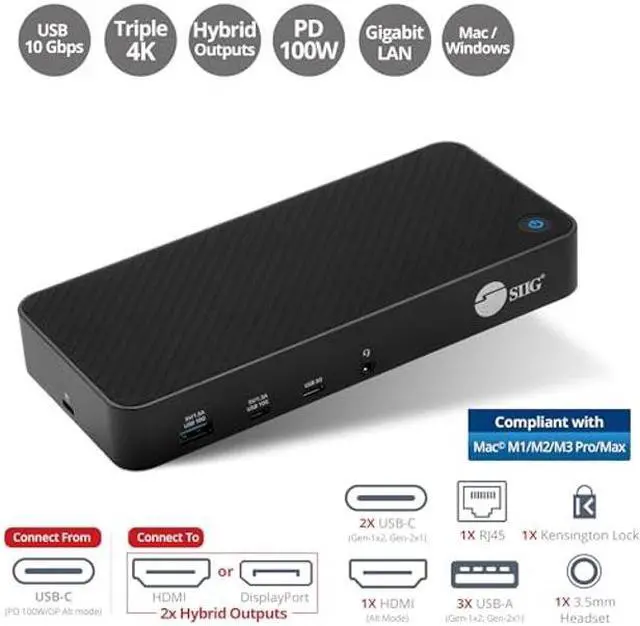 Alt view image 2 of 5 - SIIG USB-C Triple 4K 60Hz Docking Station with 100W PD - Triple 4K@60Hz or Single 5K@60Hz Monitor Laptop Dock - DisplayLink - 3X HDMI, 2X DisplayPort, 3X USB-A, 2X USB-C, Gigabit Ethernet