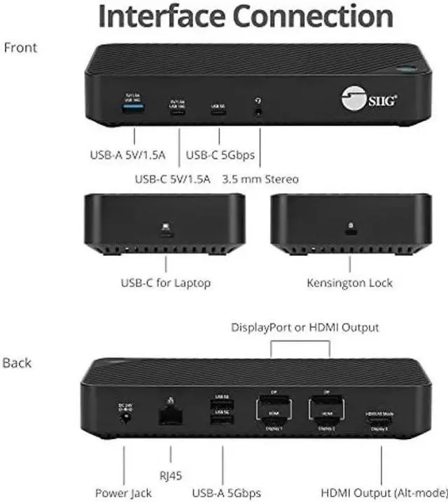 Alt view image 3 of 5 - SIIG USB-C Triple 4K 60Hz Docking Station with 100W PD - Triple 4K@60Hz or Single 5K@60Hz Monitor Laptop Dock - DisplayLink - 3X HDMI, 2X DisplayPort, 3X USB-A, 2X USB-C, Gigabit Ethernet