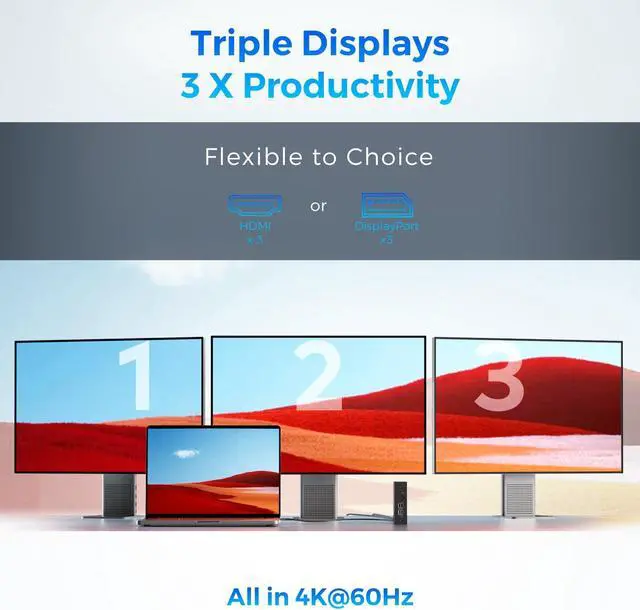 Alt view image 2 of 5 - UtechSmart 3 Monitor 18 in 1 Docking Station 4K@60Hz Thunderbolt 3/4 USB-C Windows & MacBook Grey