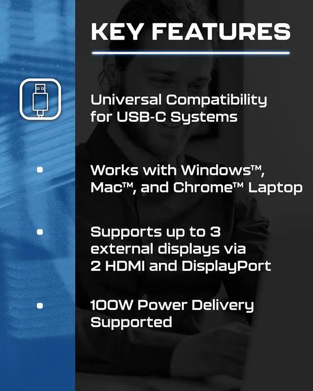 Alt view image 4 of 5 - VisionTek VT7100 Triple Display 4K USB-C Docking Station & Cable Bundle - 100W Power Delivery - USB-C, Thunderbolt 3&4 Compatibility - 1 DP, 1 HDMI, 5 USB, 1 USB-C, 1 RJ45, & 3.55mm Audio Combo Port