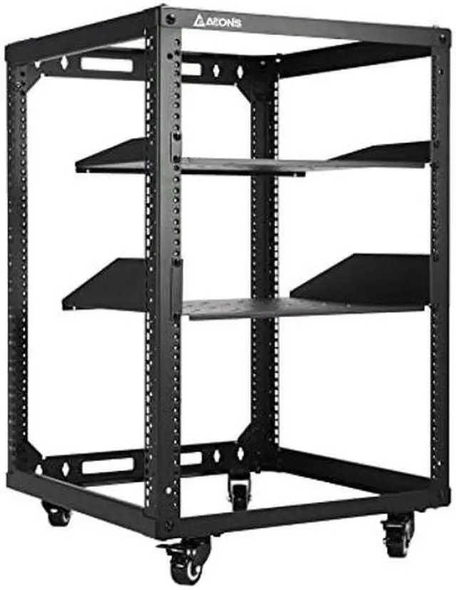 Main image of AEONS 15U Open Frame Network Server Rack 19-inch 4 Post AV Rack with Casters for Floor Standing and Wall Mount, Side Load for Extra Depth- Complete Kit with 1U and 2U Vented Shelves, Black