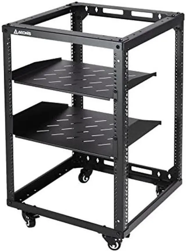 Alt view image 2 of 5 - AEONS 15U Open Frame Network Server Rack 19-inch 4 Post AV Rack with Casters for Floor Standing and Wall Mount, Side Load for Extra Depth- Complete Kit with 1U and 2U Vented Shelves, Black