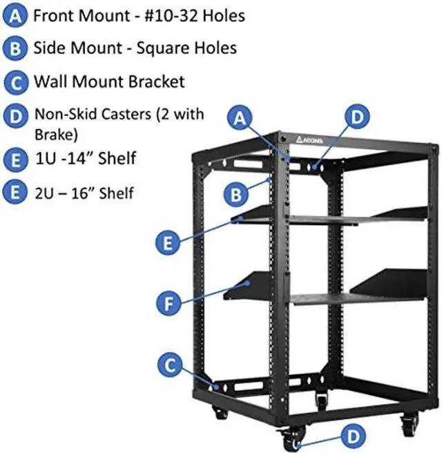 Alt view image 3 of 5 - AEONS 15U Open Frame Network Server Rack 19-inch 4 Post AV Rack with Casters for Floor Standing and Wall Mount, Side Load for Extra Depth- Complete Kit with 1U and 2U Vented Shelves, Black