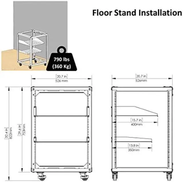 Alt view image 5 of 5 - AEONS 15U Open Frame Network Server Rack 19-inch 4 Post AV Rack with Casters for Floor Standing and Wall Mount, Side Load for Extra Depth- Complete Kit with 1U and 2U Vented Shelves, Black