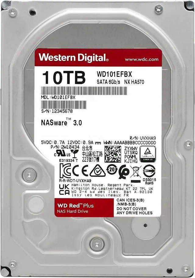 Alt view image 2 of 5 - Western Digital 10TB WD Red Plus NAS Internal Hard Drive HDD - 7200 RPM, SATA 6 Gb/s, CMR, 256 MB Cache, 3.5" - WD101EFBX