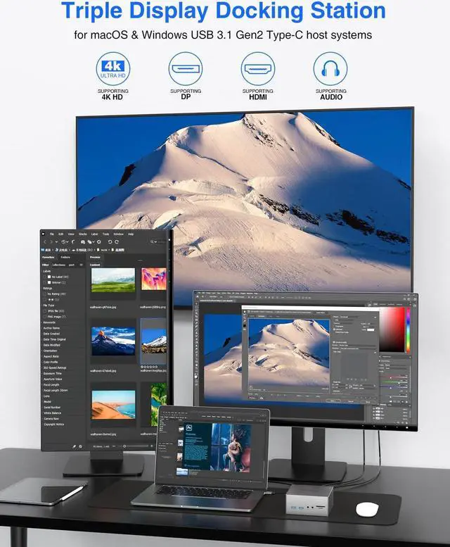 Alt view image 2 of 5 - TOTU Upgraded Universal USB-C 4K Triple Display Docking Station with Charging Support for MacBook Pro & Windows Type C Systems (2 4K DP, HDMI, 6 USB Ports, 60W USB PD),Extended Display for macOS