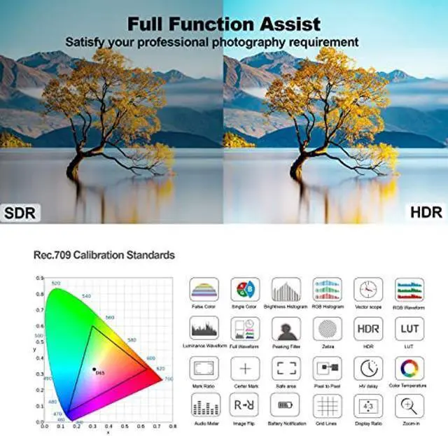 Alt view image 4 of 5 - Desview R6 Camera Monitor, 5.5 inch Touch Screen Field Monitor 4K HDMI 2800nits Ultra High Brightness IPS 178deg View Angle with 3D Lut Waveform VectorScope Histogram Support 8V DC Output