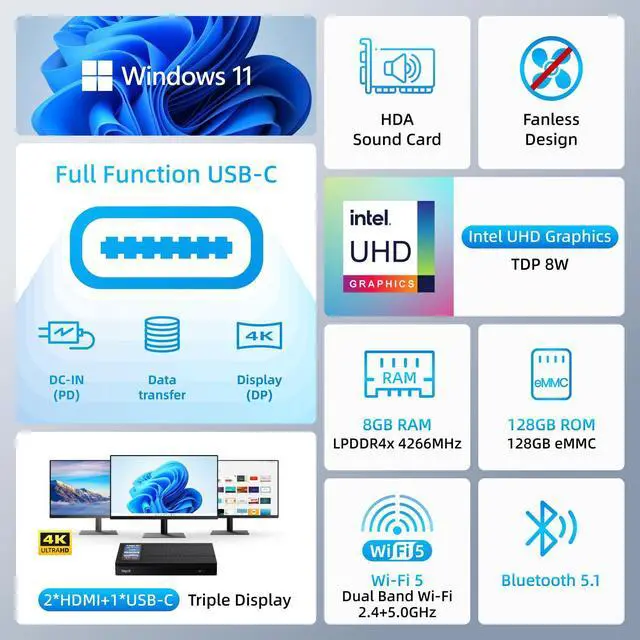 Alt view image 2 of 5 - MeLE Mini PC Quieter 4C - 12th Gen N100, Fanless Design, 8GB RAM, 128GB eMMC, Windows 11 Pro, Dual LAN, 2.4/5G Wi-Fi, Full-Functional USB-C, 4K Triple Display - Ideal for Home, Office, Education