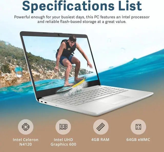 Alt view image 2 of 5 - HP Premium Stream 14" HD Laptop, Intel Celeron N4120 Processor, 4GB RAM, 64GB eMMC, Intel UHD Graphics 600, HD Camera, WiFi 5, HDMI, 1 Year Free Office 365, Win 11s, Silver, 32GB Hotface USB Card