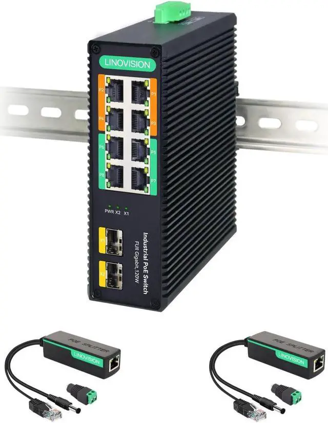 Main image of LINOVISION Industrial 8-Port Full Gigabit BT 90W POE Switch and DC12V POE Splitter