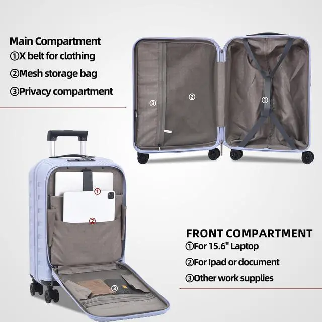 Alt view image 5 of 5 - Kaleenie 19 Inch Suitcase Hand Luggage with Front Pocket for 15.6" Laptop, 35 * 23 * 55cm, 43L, Ligthweight ABS+PC Hardshell Carry On, Lilac Purple