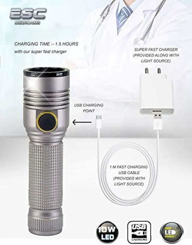 Alt view image 2 of 5 - ESC Medicams Endoscopy Cold LED Light Source Portable Rigid ENT 10 Watt, USB Rechargeable (Model : LED-10W)
