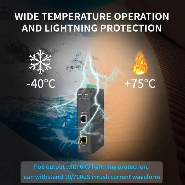 Alt view image 2 of 5 - Procet Industrial Gigabit High Power Over Ethernet PoE Injector 60W 55V with Wide Temperature and 6KV Surge Protection, 12-48Vdc Input,Din Rail Installation IEEE802.3af,802.3at,PoE++, PT-PSE105GW-E