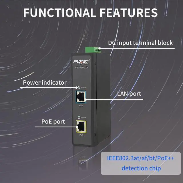 Alt view image 3 of 5 - Procet Industrial Gigabit High Power Over Ethernet PoE Injector 60W 55V with Wide Temperature and 6KV Surge Protection, 12-48Vdc Input,Din Rail Installation IEEE802.3af,802.3at,PoE++, PT-PSE105GW-E