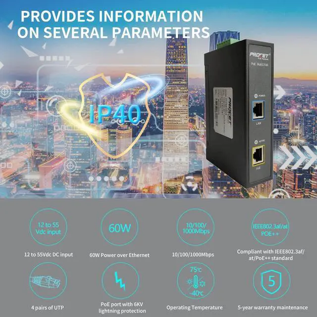 Alt view image 5 of 5 - Procet Industrial Gigabit High Power Over Ethernet PoE Injector 60W 55V with Wide Temperature and 6KV Surge Protection, 12-48Vdc Input,Din Rail Installation IEEE802.3af,802.3at,PoE++, PT-PSE105GW-E