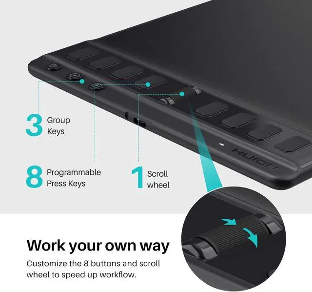 Alt view image 2 of 5 - 2023 HUION Inspiroy 2 Medium Drawing Tablet with Scroll Wheel 8 Customized Keys Battery-Free Stylus for Digital Art, Design, Sketch, 9x5inch Graphics Tablet Works with Mac, PC & Mobile, Black Roll