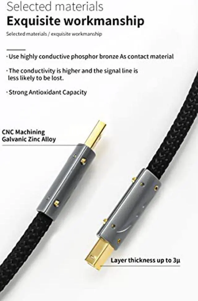Alt view image 2 of 4 - Viborg UC01 Hi-end USB Cable Silver Plated Copper USB Cord 4.9FT/1.5M A-Male to B-Male Audiophile USB Wire A-B DAC Decoder Printer Data Cable