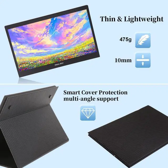 Alt view image 4 of 5 - Visual Beat 13.3" Portable USB Type-C Monitor, 1080P FHD, IPS, 100% DCI-P3, External Screen with Premium Smart Cover Dual Speakers for Xbox,PS4,Switch,Laptop,PC,Phone,Surface...