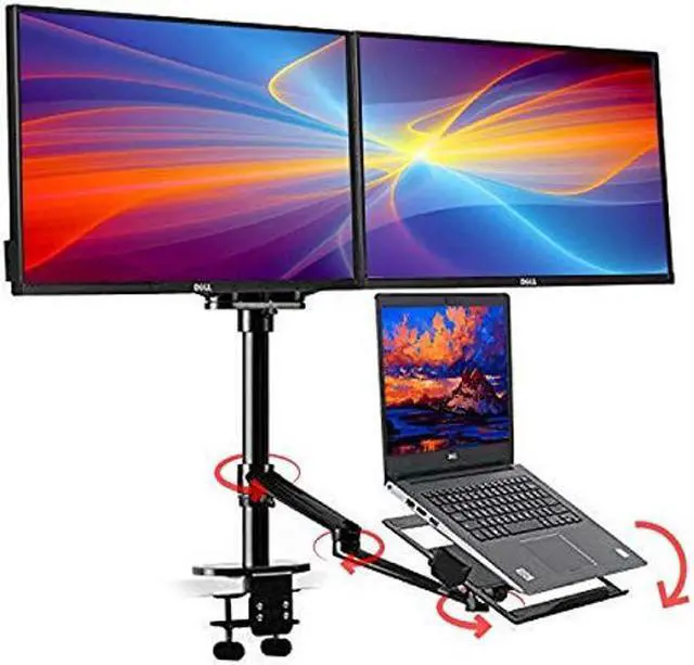 Main image of Height Adjustable 3 in 1 Laptop Monitor Stand Compatible with 13 to 17.3 inch Laptop, Hold 2 Monitors 11 to 27 inch with Vesa, Monitor Desk Stand arm Riser Mount Stand Workstation (Black)