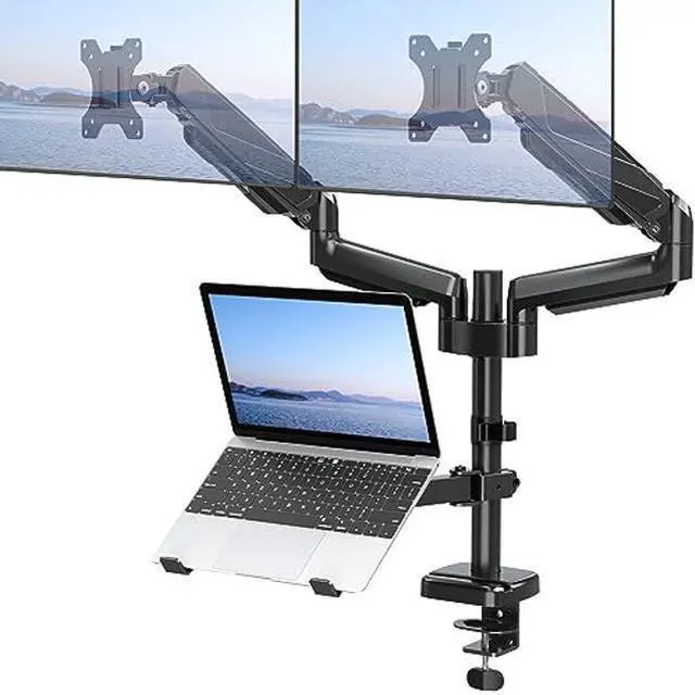 Main image of MOUNT PRO Monitor and Laptop Mount, Gas Spring Dual Monitor Arm Fit Two Max 27inch Computer Screens, Monitor Mount with Laptop Tray for max 17 Inch Notebooks, 3-in-1 Laptop and Monitor Desk Mount
