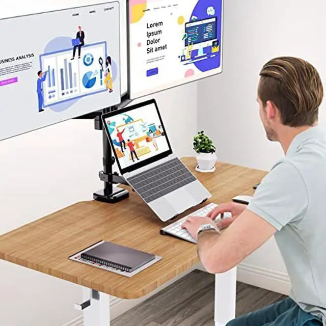 Alt view image 2 of 5 - MOUNT PRO Monitor and Laptop Mount, Gas Spring Dual Monitor Arm Fit Two Max 27inch Computer Screens, Monitor Mount with Laptop Tray for max 17 Inch Notebooks, 3-in-1 Laptop and Monitor Desk Mount