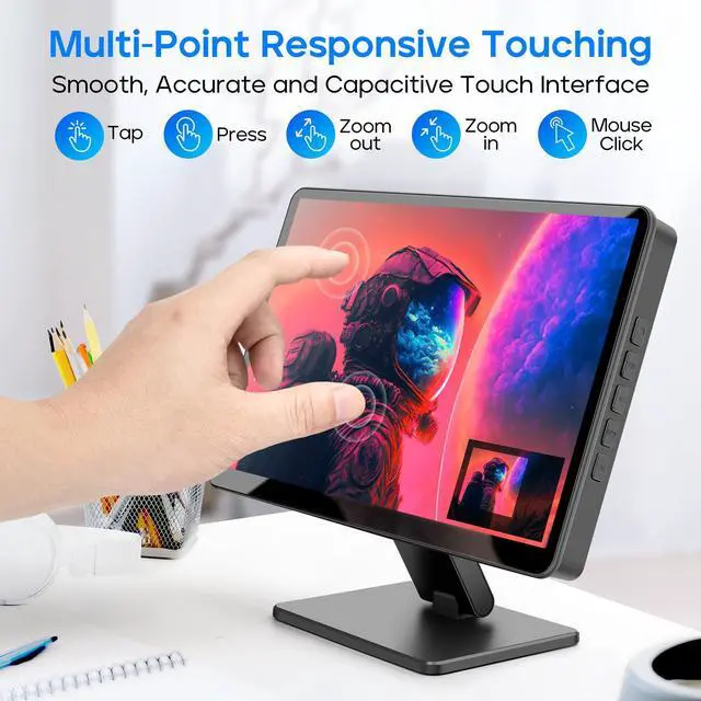 Alt view image 4 of 5 - Touch Screen Monitor with Case,ROADOM 10.1'' Raspberry Pi Screen, IPS FHD 1024x600,Responsive and Smooth Touch,Dual Built-in Speakers,HDMI Input,Compatible with Raspberry Pi 5/4/3/Zero,Versatile Stand