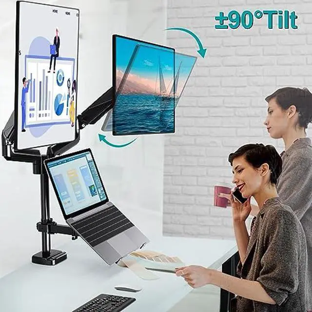 Alt view image 4 of 5 - MOUNT PRO Monitor and Laptop Mount, Gas Spring Dual Monitor Arm Fit Two Max 27inch Computer Screens, Monitor Mount with Laptop Tray for max 17 Inch Notebooks, 3-in-1 Laptop and Monitor Desk Mount