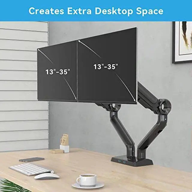 Alt view image 3 of 5 - SHOPPINGALL Heavy Duty Dual Monitor Mount for 13 to 35 inch VESA Compatible Screens, Each Pneumatic Gas Spring Arm Supports up to 26.5lbs - SA-GE62U-Black