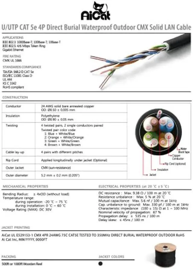Alt view image 2 of 5 - AiCat Cat5e Outdoor Ethernet Cable Direct Burial Unshielded Riser CMX Rated 500ft, UV Resistant 24AWG Solid Bare Copper, 350MHz, UL Listed, Twisted Pair UTP, Waterproof, Bulk Ethernet Cable - White