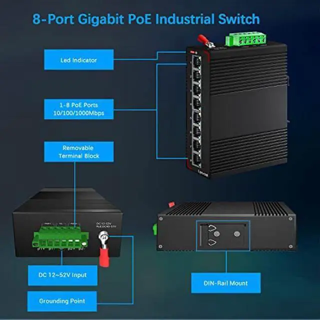 Alt view image 2 of 5 - Lynxcel 8-Port PoE Gigabit Industrial Ethernet Switch, 96W PoE 48V Output, IP40 Unmanaged Din Rail Switch, 16Gbps Switching Capacity, for IP Camera, VoIP System and PoE Monitor (with Power Supply)
