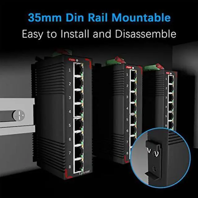 Alt view image 5 of 5 - Lynxcel 8-Port PoE Gigabit Industrial Ethernet Switch, 96W PoE 48V Output, IP40 Unmanaged Din Rail Switch, 16Gbps Switching Capacity, for IP Camera, VoIP System and PoE Monitor (with Power Supply)