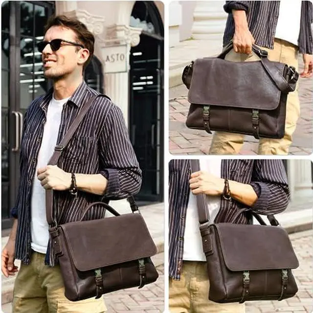 Alt view image 3 of 4 - CataPurus Top Grain Litchi Leather 16.2" Laptop Briefcase Crossbody Handbag, Vintage Handmade & Adjustable Strap, Fits to MacBook Pro 16.2" M1 Max 15" Touch Bar 16" Pro & A4/A5 Paper, Coffee 16.2 Inch