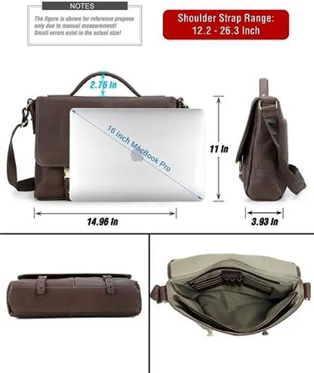 Alt view image 4 of 4 - CataPurus Top Grain Litchi Leather 16.2" Laptop Briefcase Crossbody Handbag, Vintage Handmade & Adjustable Strap, Fits to MacBook Pro 16.2" M1 Max 15" Touch Bar 16" Pro & A4/A5 Paper, Coffee 16.2 Inch