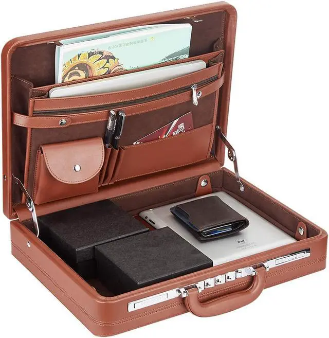 Alt view image 4 of 5 - YUEMAI Hard Attache Bonded Leather Briefcases for Men Women/Slim Hard-Sided Laptop Brief Case with Combination Locks - Brown