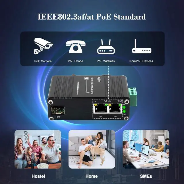 Alt view image 3 of 5 - Mini Industrial 2 Ports Gigabit Fiber Media Converter Supporting DIN-Rail Installation, IEEE 802.3af/at 30W PoE+ Fiber Switch with 2 RJ45 Port and 1 SFP Port, 12~48V DC Power Input
