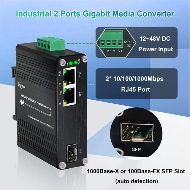 Alt view image 2 of 5 - Mini Industrial 2 Ports Gigabit Fiber Media Converter Supporting DIN-Rail Installation, IEEE 802.3af/at 30W PoE+ Fiber Switch with 2 RJ45 Port and 1 SFP Port, 12~48V DC Power Input