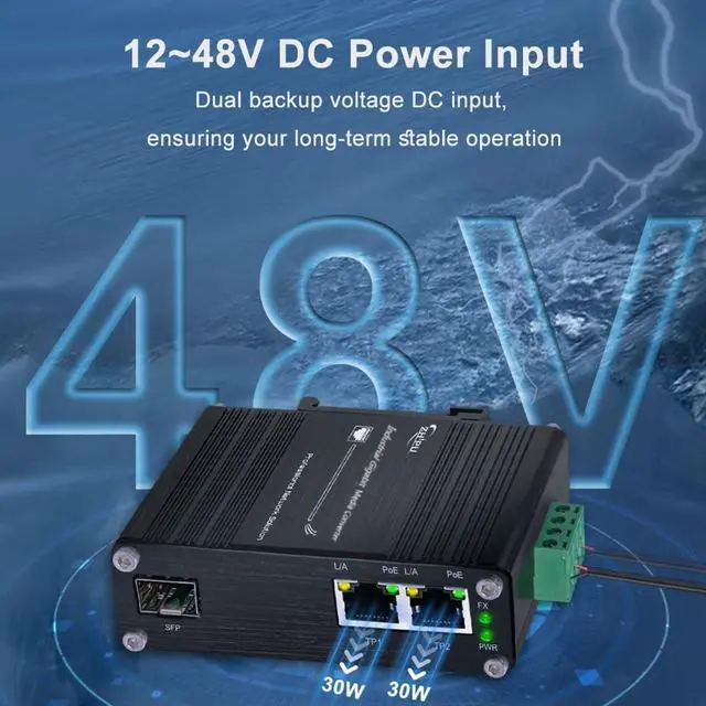 Alt view image 4 of 5 - Mini Industrial 2 Ports Gigabit Fiber Media Converter Supporting DIN-Rail Installation, IEEE 802.3af/at 30W PoE+ Fiber Switch with 2 RJ45 Port and 1 SFP Port, 12~48V DC Power Input