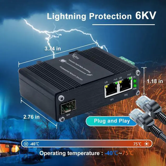 Alt view image 5 of 5 - Mini Industrial 2 Ports Gigabit Fiber Media Converter Supporting DIN-Rail Installation, IEEE 802.3af/at 30W PoE+ Fiber Switch with 2 RJ45 Port and 1 SFP Port, 12~48V DC Power Input