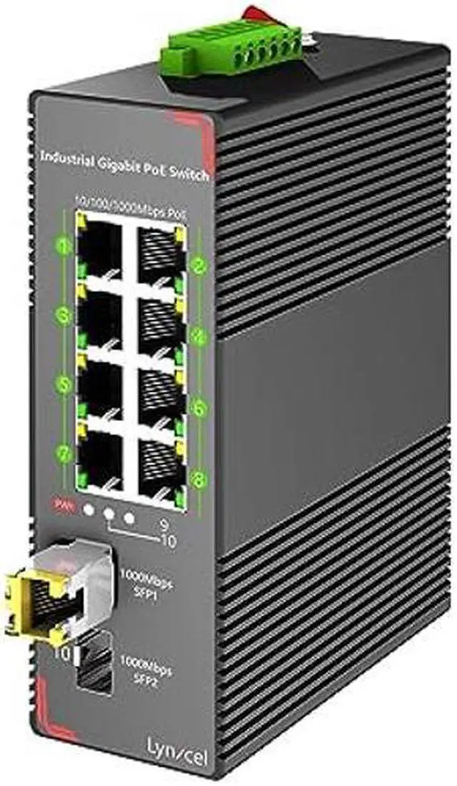 Main image of Lynxcel 10-Port Gigabit Industrial PoE Ethernet Switch, 8 x Gigabit PoE+ Ports, 96W PoE 48V Output, 2 x SFP Gigabit Slots with One 1000Base-T Module, IP40 Unmanaged Din Rail, with Power Supply