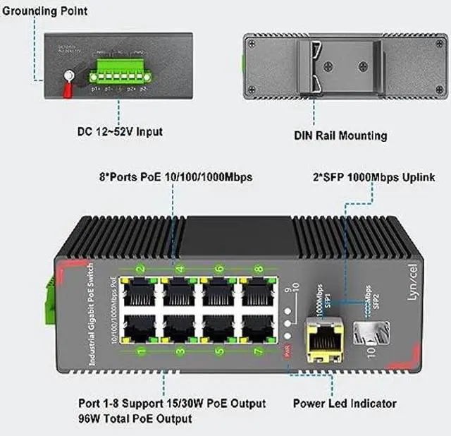 Alt view image 2 of 4 - Lynxcel 10-Port Gigabit Industrial PoE Ethernet Switch, 8 x Gigabit PoE+ Ports, 96W PoE 48V Output, 2 x SFP Gigabit Slots with One 1000Base-T Module, IP40 Unmanaged Din Rail, with Power Supply