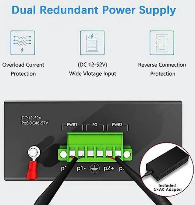 Alt view image 3 of 4 - Lynxcel 10-Port Gigabit Industrial PoE Ethernet Switch, 8 x Gigabit PoE+ Ports, 96W PoE 48V Output, 2 x SFP Gigabit Slots with One 1000Base-T Module, IP40 Unmanaged Din Rail, with Power Supply