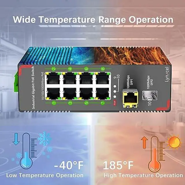 Alt view image 4 of 4 - Lynxcel 10-Port Gigabit Industrial PoE Ethernet Switch, 8 x Gigabit PoE+ Ports, 96W PoE 48V Output, 2 x SFP Gigabit Slots with One 1000Base-T Module, IP40 Unmanaged Din Rail, with Power Supply