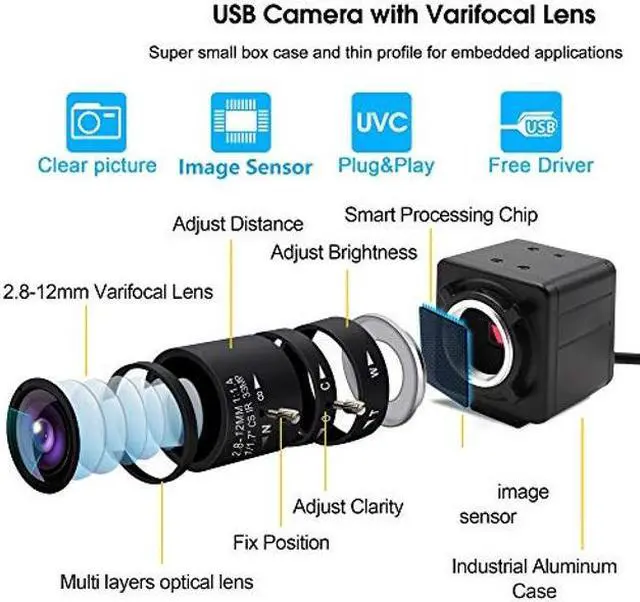 Alt view image 2 of 5 - 4K Webcam with 2.8-12mm Varifocal Lens, Plug&Play Sony IMX317 Sensor USB Camera Video Surveillance Streaming Computer Webcam 3840x2160@30fps USB Camera for Windows Linux Android Mac