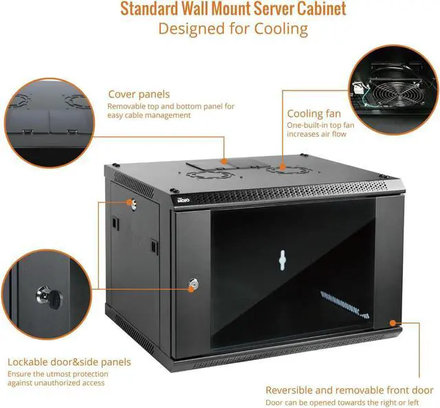 Alt view image 3 of 5 - Tecmojo Wall Mount Server Cabinet IT Network Rack Enclosure Lockable Door and Side Panels Black,Cooling Fan (Black, Standard 6U/Glass Door)