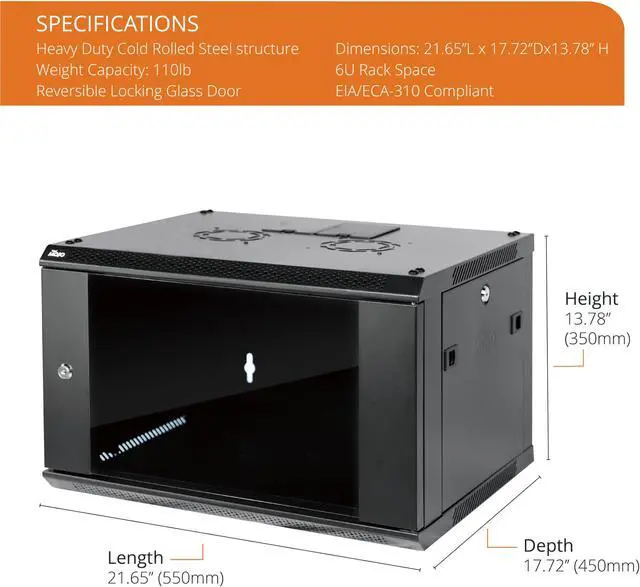 Alt view image 2 of 5 - Tecmojo Wall Mount Server Cabinet IT Network Rack Enclosure Lockable Door and Side Panels Black,Cooling Fan (Black, Standard 6U/Glass Door)