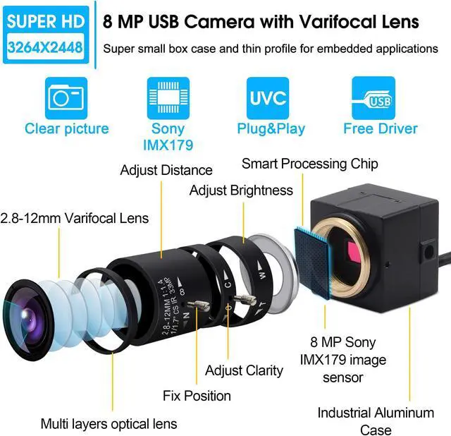 Alt view image 2 of 5 - Hotpet 2.8-12mm Varifocal Lens USB Camera 8 Megapixel Webcamera with (1/3.2") IMX179 Image Sensor Webcam Super High Difinition 3264X2448 USB Camera Outdoor Indoor Webcamera for Video Systems