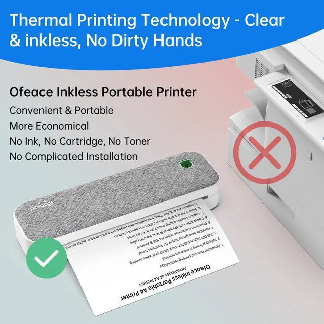 Alt view image 2 of 4 - Ofeace Portable Printer Wireless for Travel, Bluetooth Thermal Printer, Support 8.5x11 & A4 Thermal Paper, Compatible with Android and iOS Phone & Laptop, Mobile Inkless Printer